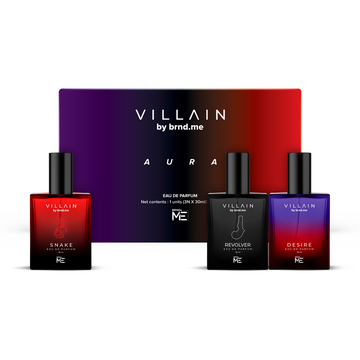 Villain Aura Luxury Gift Hamper EDP Pocket Perfume for Men Long Lasting Smell 3x30ml Woody, White Musk & Spicy Fragrances Day To Night Perfume Set for Men Gift Pack Combo of Desire, Snake, Revolver