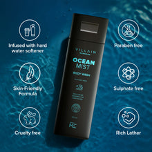 Load image into Gallery viewer, Villain Ocean Mist Body Wash 250 ml, Infused with Hard Water Softener Aquatic fresh Shower Gel for Men; Aloe Vera, Neem, and Vitamin E, Hydrating and Energizing Skin Friendly Paraben Free, Vegan Body Cleanser

